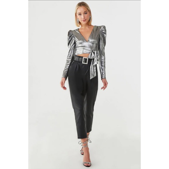 FOREVER 21 TIE METALLIC PUFF SLEEVE TOP BLOUSE - Picture 4 of 5